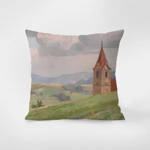 Detailed view of the retro oil painting print cushion, featuring fine velvet texture and art design.