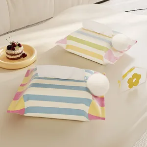 Copertura per Scatola di Tessuto in Tessuto a Righe Stile Coreano con Ponpon Organizzatore di Archiviazione Ideale per Soggiorno e Auto