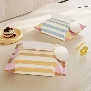 Copertura per scatola di fazzoletti in tessuto a righe stile coreano con pompon, organizer.