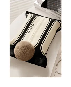 Black and white French style fabric tissue box cover with fluffy pom pom living room decor