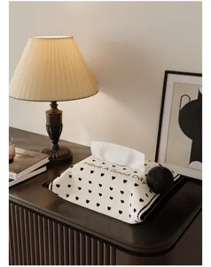 Decorative heart print tissue box cover with plush ball for living room and car desktop.
