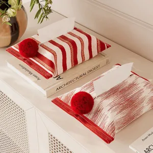Modern Minimalist Fabric Tissue Box Cover Red Stripe Pattern Napkin Holder For Home Car Desktop Storage