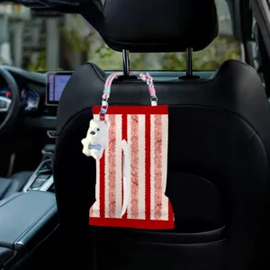 Car tissue box hanging holder red white stripes with cute bear pendant for auto interior