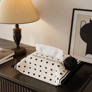 Plush tissue box cover with heart pattern and cute pom pom, soft desktop napkin holder home decor.
