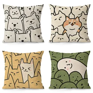 Housse de Coussin en Peluche Animée de Style Nordique Joli Visage Souriant Impression Housse de Canapé Salon Décoration