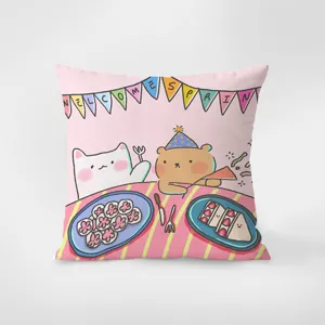 Cute cartoon animal pink throw pillow case, soft flannel fabric, double-sided printed detail.