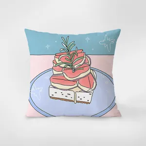 Dessert print throw pillow detail view, soft flannel double-sided decorative cushion cover.