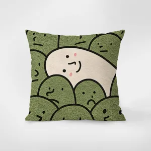 Détail housse coussin velours, motif visage cartoon mignon, douce taie oreiller.