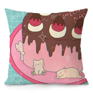 Cute cartoon cake print throw pillow cover detail view, soft velvet fabric, sweet home decor accent.