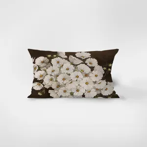 Rectangular velvet throw pillow detail with botanical white cosmos flower painting print.