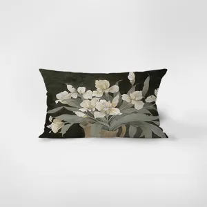 Detail view of the rectangular flannel throw pillow featuring a vintage floral art print design.