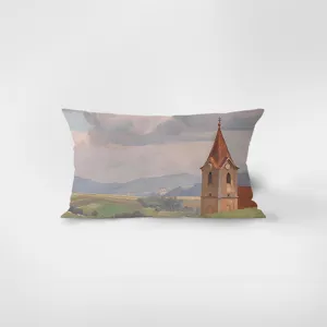 Detailed view of the velvet rectangular throw pillow featuring a vintage art oil painting print.