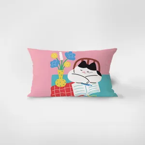 Detail view of the rectangular velvet pillow featuring a cute cat and floral art design.