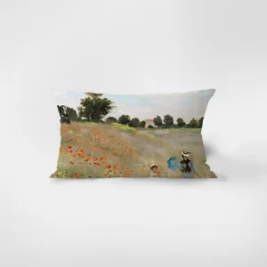 Detailed view of rectangular throw pillow featuring classic French impressionist oil painting.