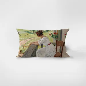 Detail view of French retro oil painting rectangular throw pillow, soft artistic velvet.