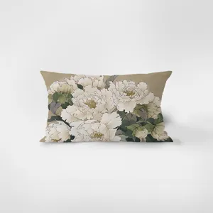Detail view of a rectangular flannel throw pillow featuring elegant white peony flower art print.