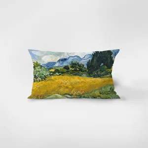 Close-up detail of the vintage artistic oil painting rectangular velvet pillow surface.