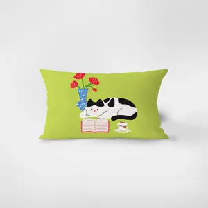 Green cartoon cat rectangular throw pillow detail, cute animal printed cushion cover.