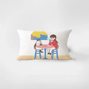 Nordic cartoon cat rectangular throw pillow cover, cute healing sofa waist cushion decor.