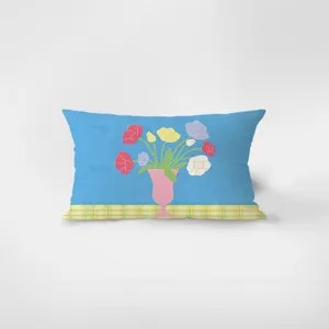 Close-up detail of the colorful Nordic floral print rectangular throw pillow velvet cover.