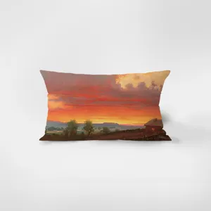 Detail of oil painting sunset landscape printed on soft velvet rectangular pillow.