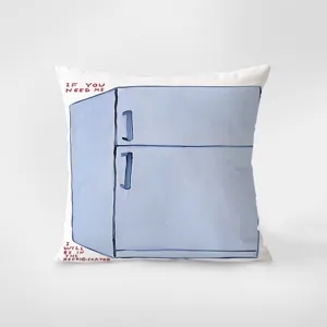 Primer plano del detalle del cojín con nevera azul impresa para decoración del hogar.