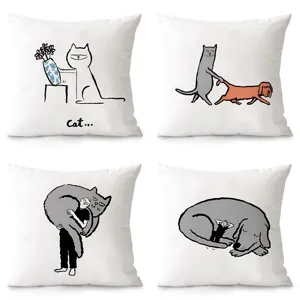 Cartoon Cat And Dog Printed Plush Pillow Cover Decorative Square Cushion Case For Sofa Living Room Bedside Office