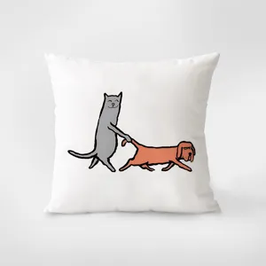 Cute cat and dog cartoon print square throw pillow cover, cozy sofa cushion detail view.