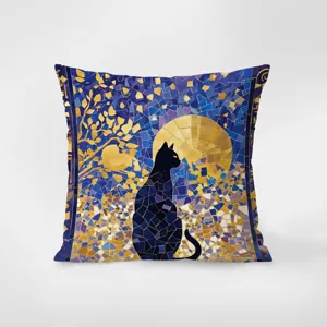 Close-up detail of soft velvet throw pillow featuring exquisite mosaic cat and golden moon design.