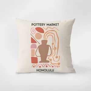 Modern abstract art throw pillow cover with pottery motif and stylish typography decor.