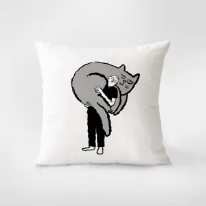 White decorative throw pillow featuring a funny artistic illustration of a man hugging a giant cat.