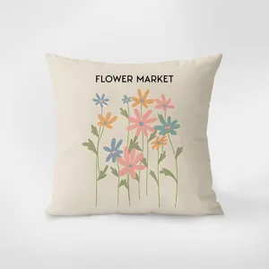 Modern beige throw pillow cover with floral market print, soft velvet decorative cushion for sofa.