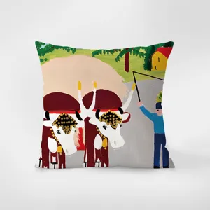 Detailed view of a decorative throw pillow featuring a classic pastoral landscape artwork print.
