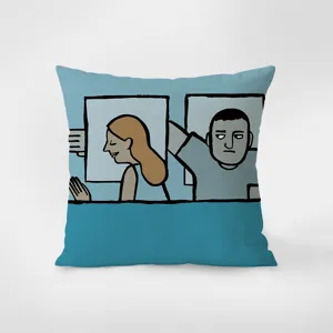 Decorative blue throw pillow featuring a unique cartoon illustration design for sofa.