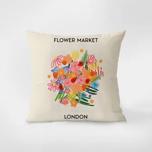 French pastoral style velvet throw pillow with flower market london print for living room sofa decor