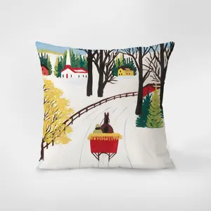 Nordic folk art winter landscape throw pillow case, cozy plush cushion cover for sofa decor.