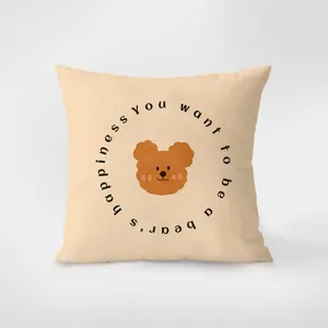 French cream style cute bear pillow detail, soft fabric with lovely cartoon bear and text design.