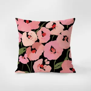 Detailed view of the modern minimalist pink floral velvet cushion cover texture and pattern.