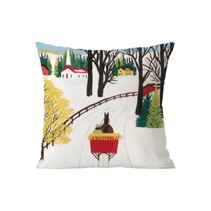 Decorative winter landscape throw pillow cover with folk art snowy village design for cozy home.