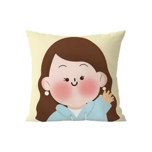 Cute cartoon girl printed throw pillow, soft velvet decorative cushion cover for sofa.