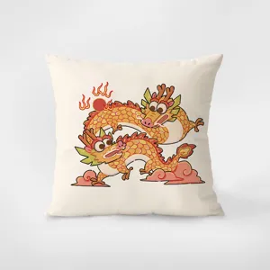 Detail view of the cartoon dragon patterned velvet throw pillow, showing fine festive print quality.