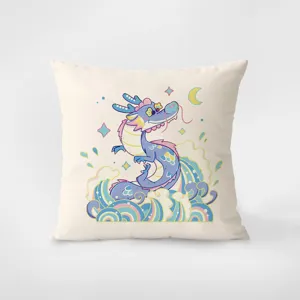 Cute blue dragon print throw pillow plush cushion cover for living room sofa home decor.