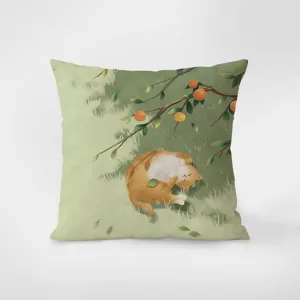 Federa per cuscino decorativo in flanella con dolce illustrazione di gatto e albero da frutto.