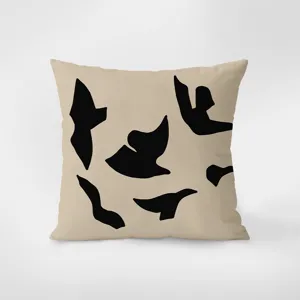 Housse de coussin artistique abstraite moderne minimaliste avec imprimé oiseau chic sur velours beige.