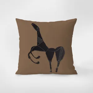 Housse de coussin en velours marron moderne minimaliste avec motif de cheval noir abstrait.
