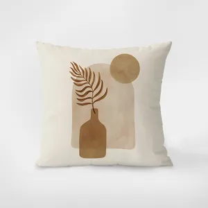Velvet abstract leaf pattern pillow detail, nordic minimalist beige throw cushion cover.
