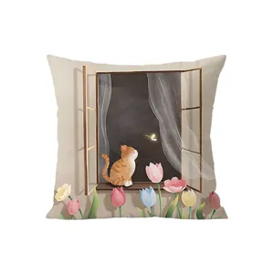 Federa per cuscino in velluto con illustrazione di gatto di primavera per divano soggiorno.