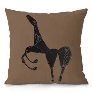 Housse de coussin marron avec impression d'art de cheval noir abstrait, velours doux pour canapé.