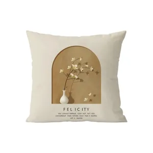 Minimalist beige decorative throw pillow cover with artistic arch flower vase print for sofa.
