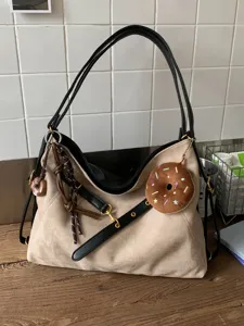 Retro PU Leather Suede Shoulder Bag For Women Casual Chic Underarm Tote Bag With Donut Pendant Fashion Commuter Handbag